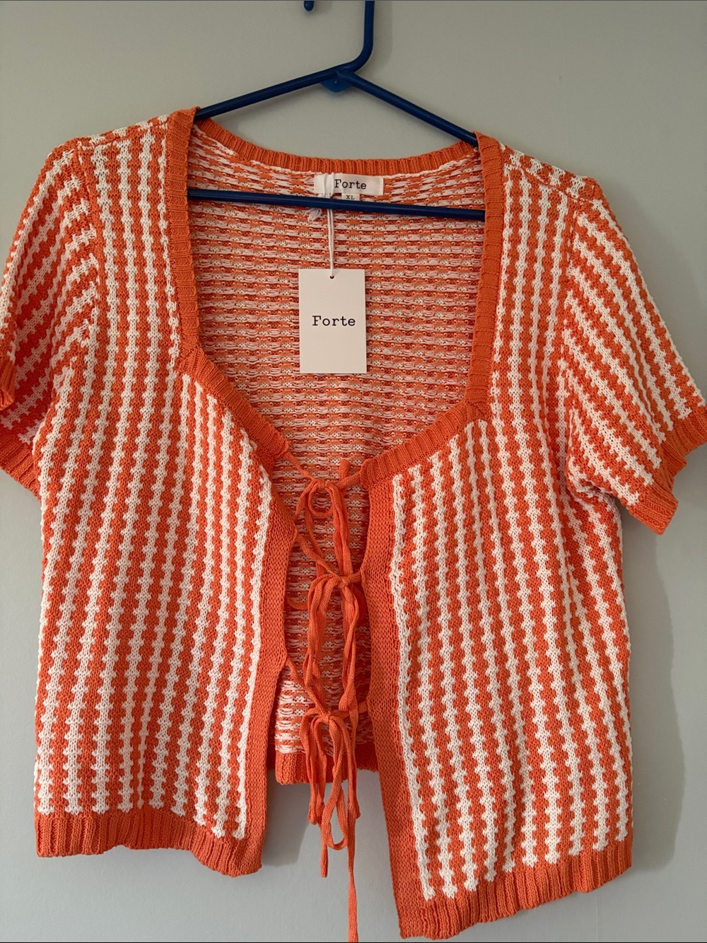 Forte Orange & Cream Knit Tie-Front Cropped Short-Sleeve Sweater Size 10-12 NWT - Picture 2 of 9